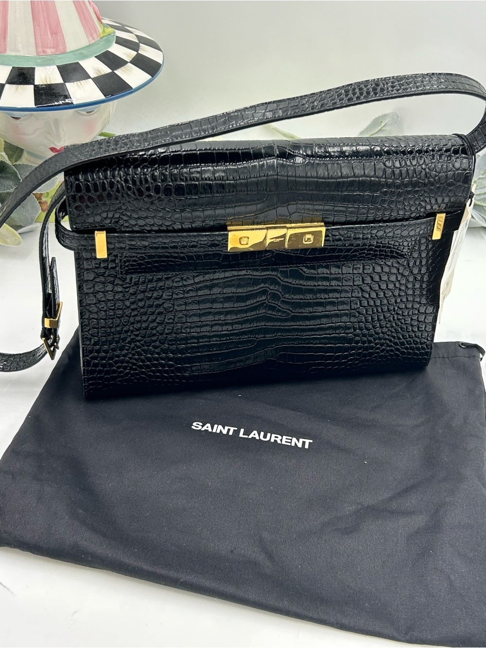 Saint Laurent Manhattan Croc-Embossed Leather Shoulder Bag with Gold-Tone Hardwa